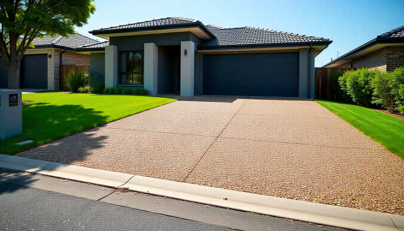 Exposed aggregate driveway with natural stone finish at a modern Toowoomba home, built by Concrete Toowoomba Specialist.