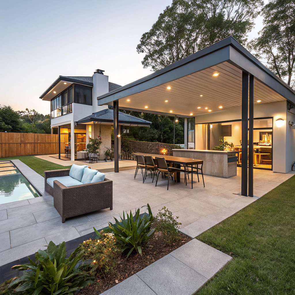 Professional concrete slab patio and entertainment area in Toowoomba home with outdoor furniture and pool surround
