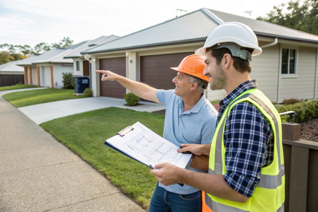 Concrete contractor consulting homeowner about council approvals in Harristown