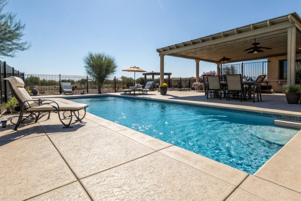 Heat-reflective concrete pool deck in East Toowoomba backyard staying cool in summer