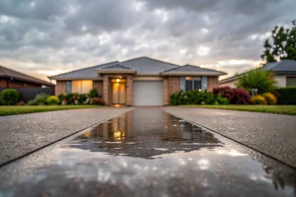 Water pooling on concrete driveway in Rangeville after storm