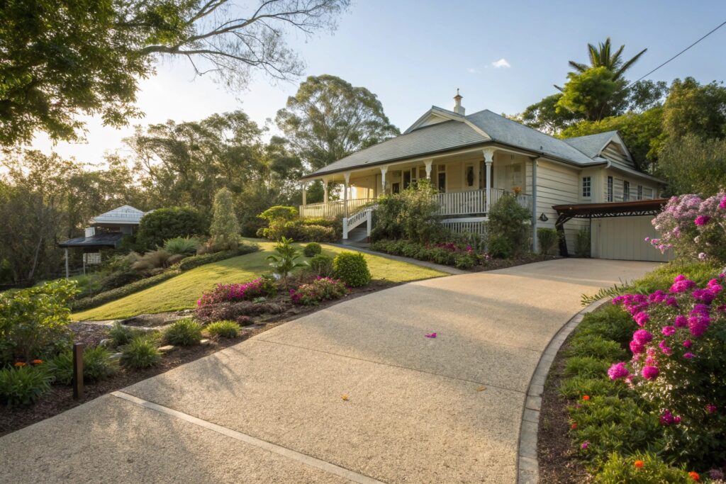 Light-colored heat-reflective concrete driveway at East Toowoomba home