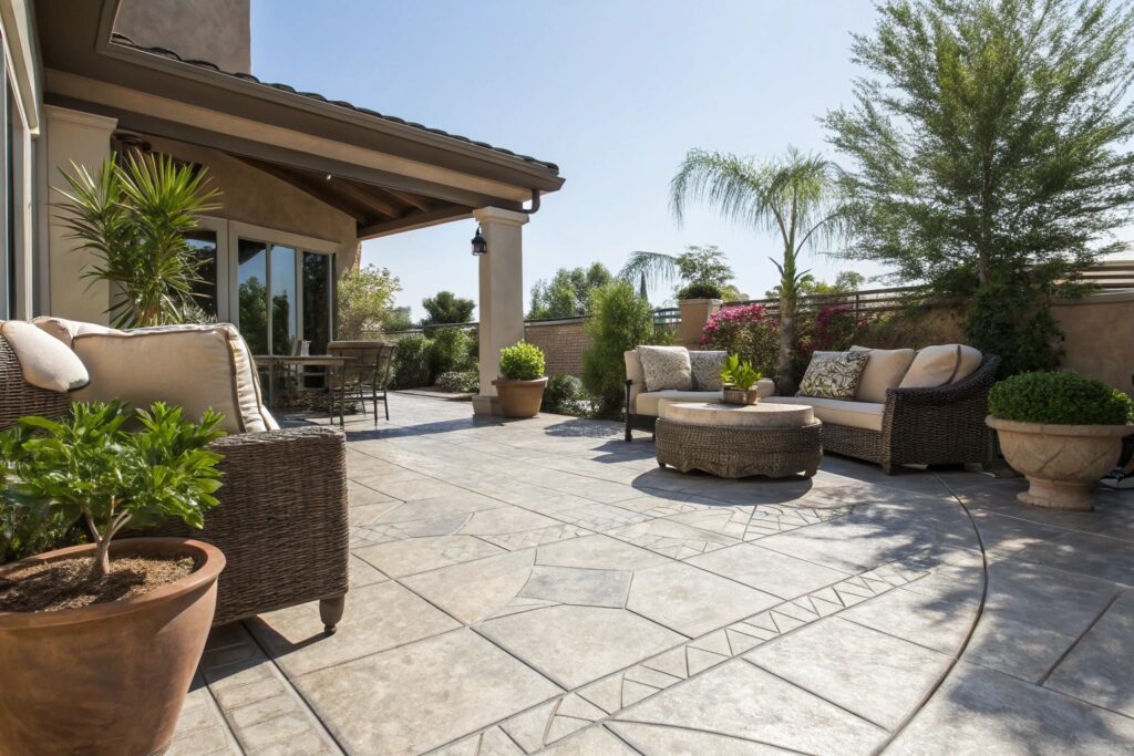Cool stamped concrete patio for outdoor living in East Toowoomba climate