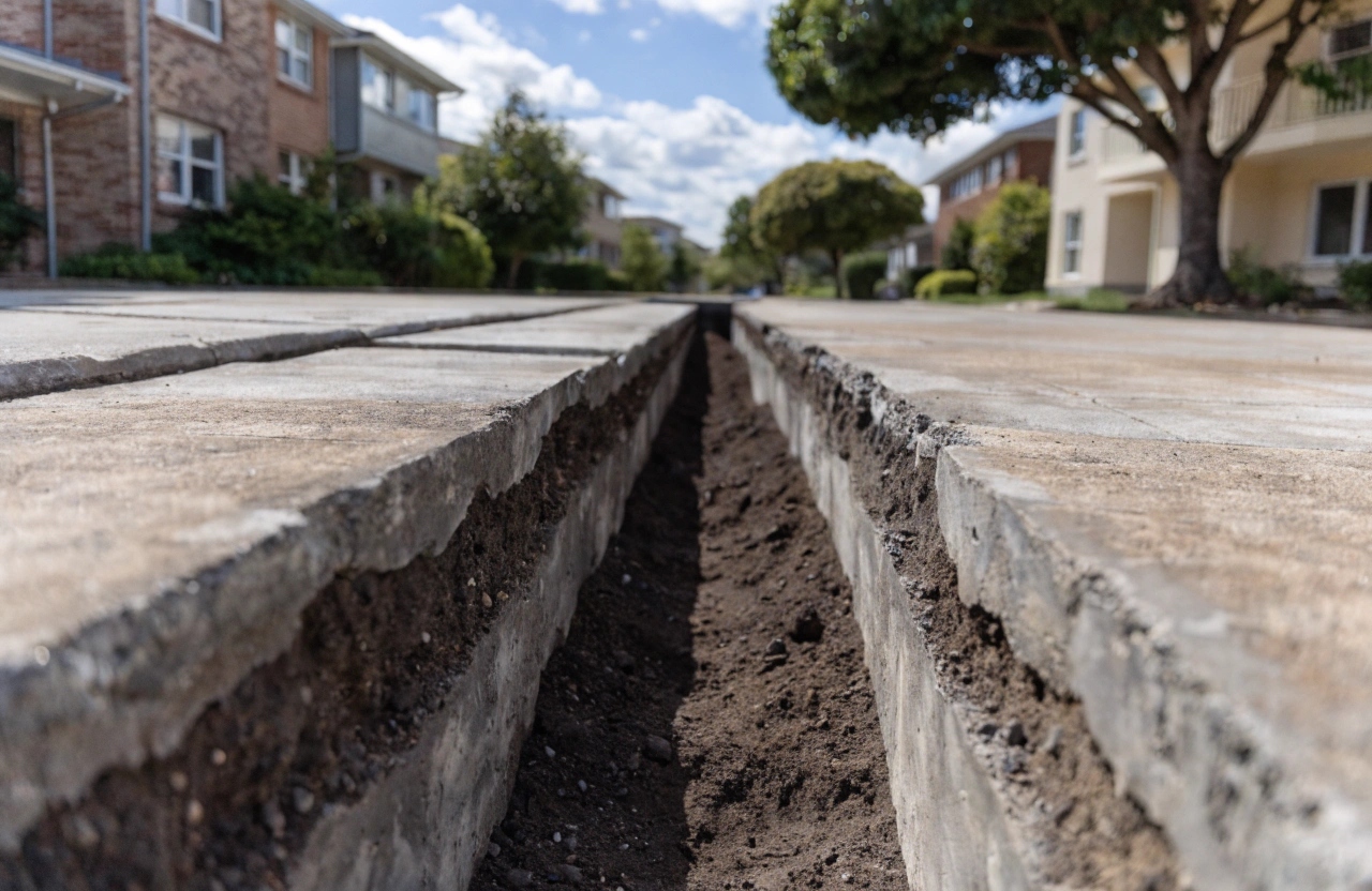 Clean trench cut through existing concrete driveway for underground service installation