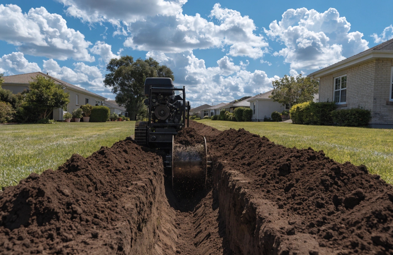 Compact trenching machine digging a narrow trench through a residential backyard in Toowoomba