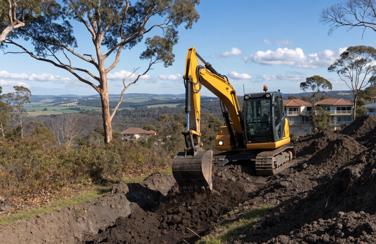 Excavator cutting and filling a sloped block during site preparation in Toowoomba