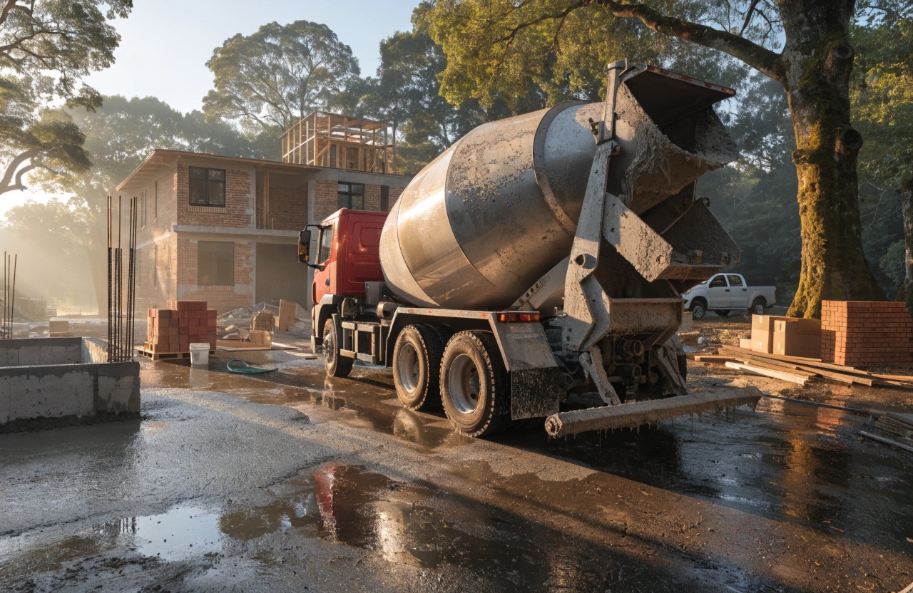 Ready mix concrete truck delivering to a residential construction site in Toowoomba