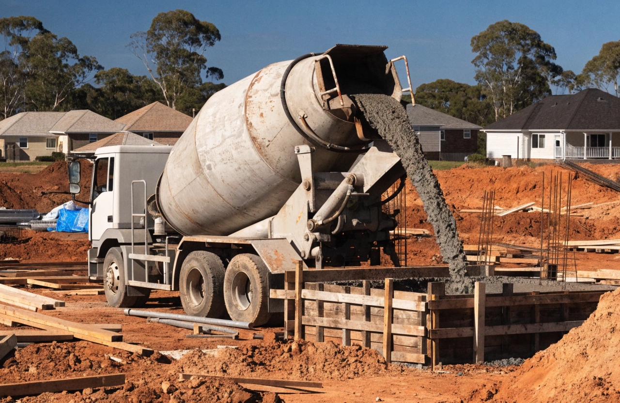 Concrete truck pouring foundation slab on a Toowoomba residential building site