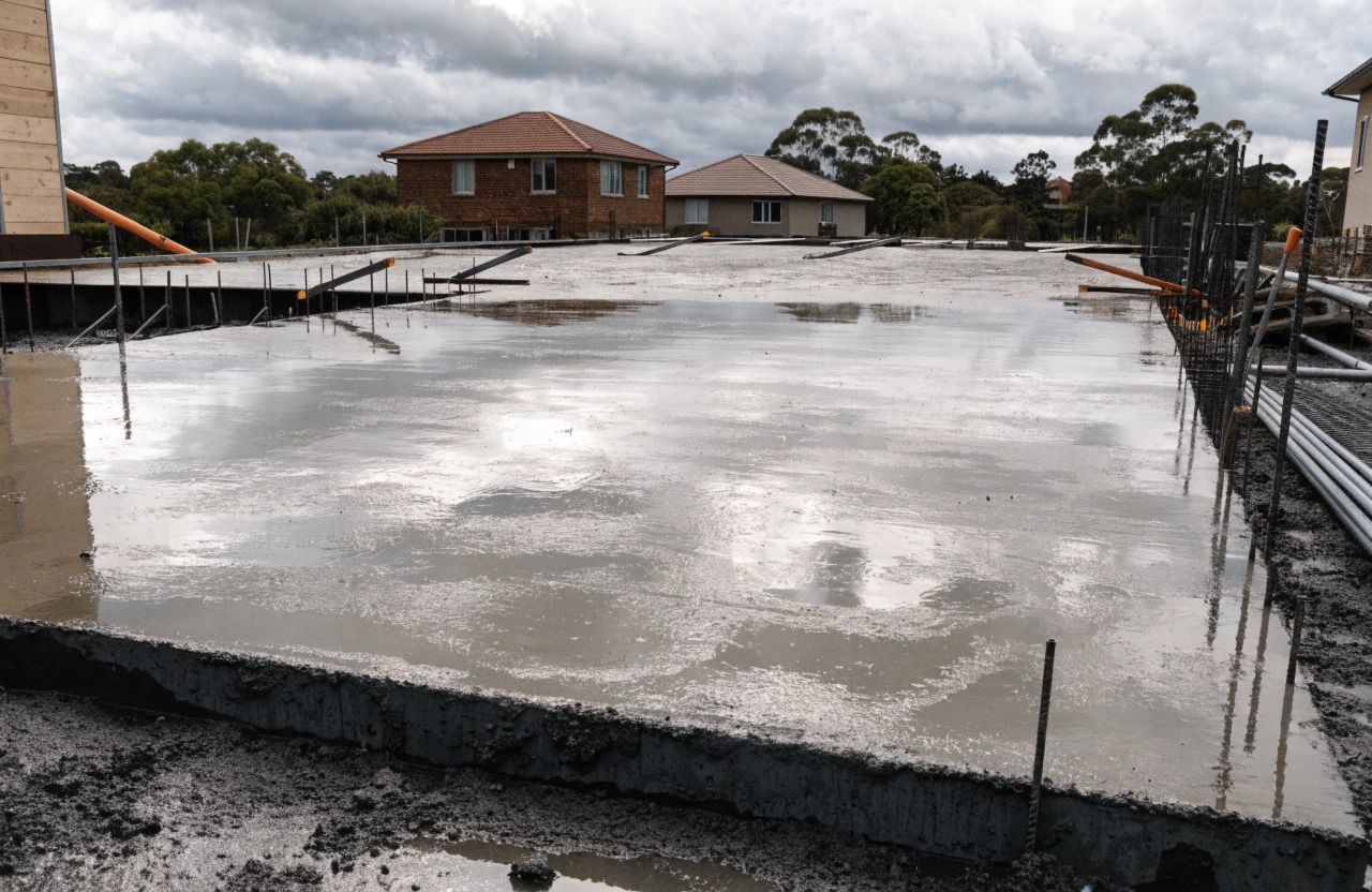Freshly poured ready mix concrete house slab in Toowoomba