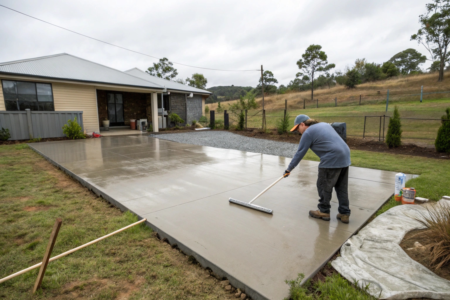 Concrete slab being broom finished on a residential property in Toowoomba