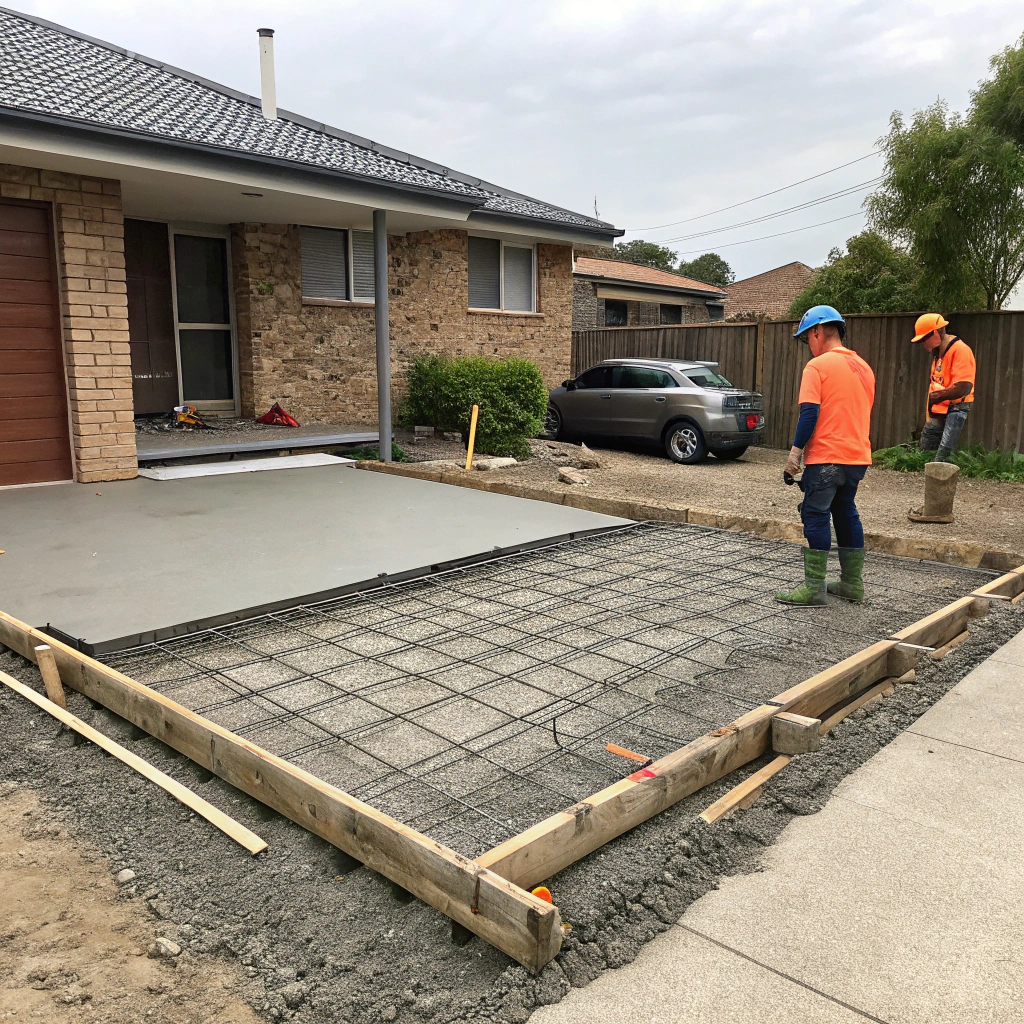 Steel mesh reinforcement being laid during concrete driveway installation in Toowoomba