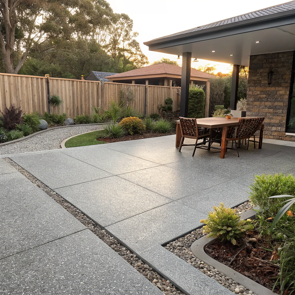 Exposed aggregate concrete patio with outdoor furniture at a Queensland home