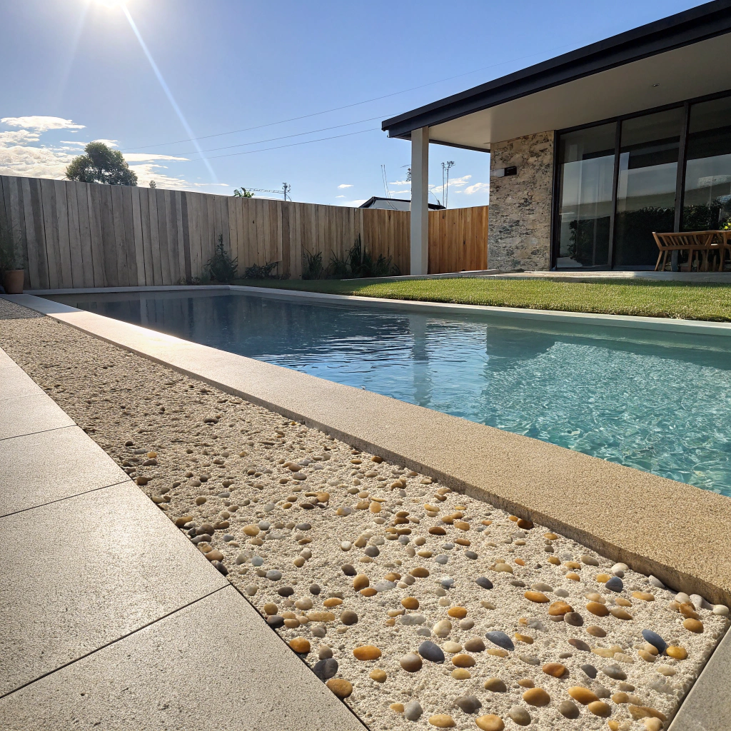 Slip-resistant exposed aggregate concrete pool surround at a Toowoomba home