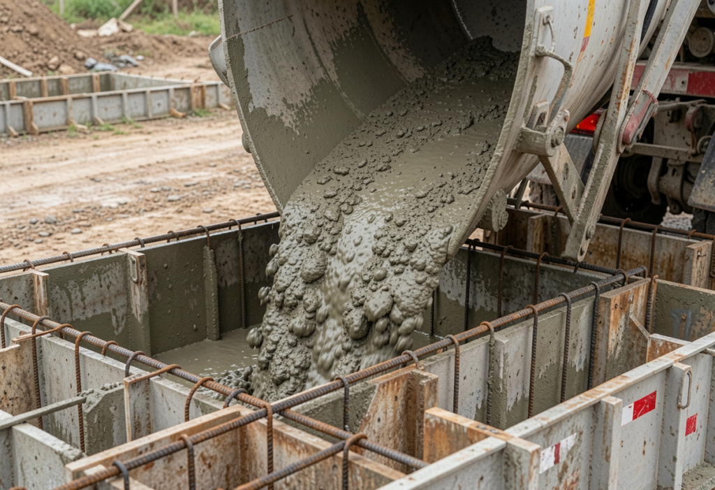 fresh bulk concrete Supply being discharged from a rotating drum truck chute