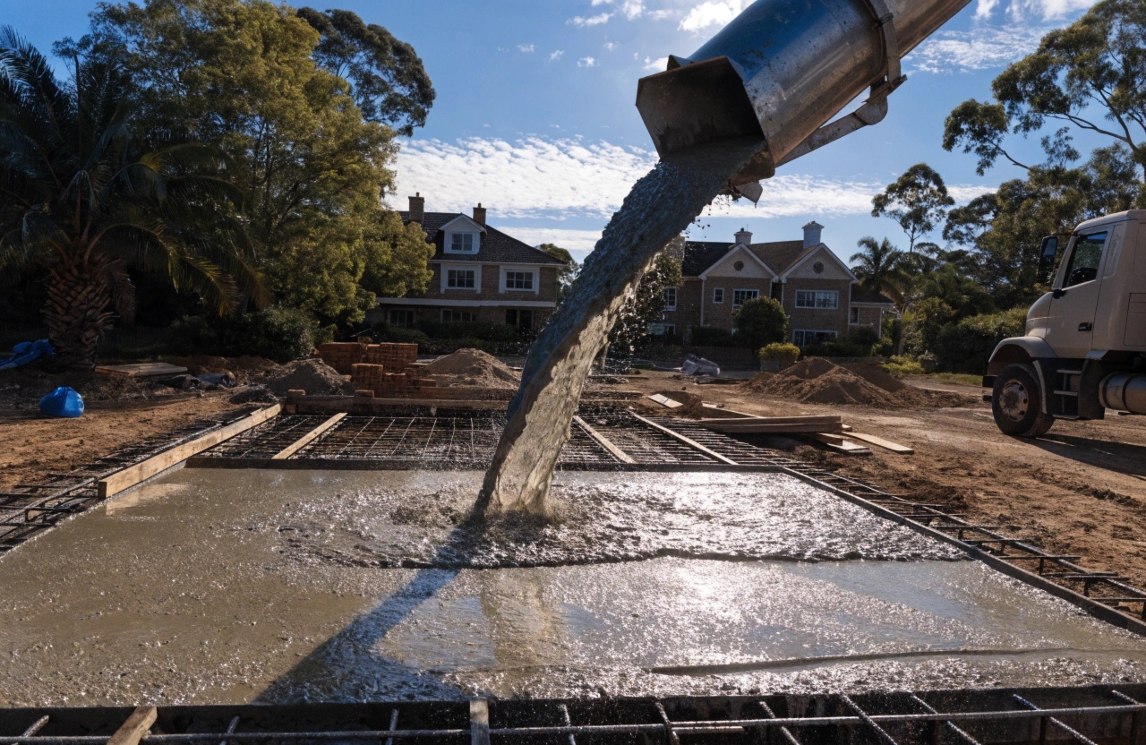 Ready mix concrete being poured onto a house slab in Toowoomba