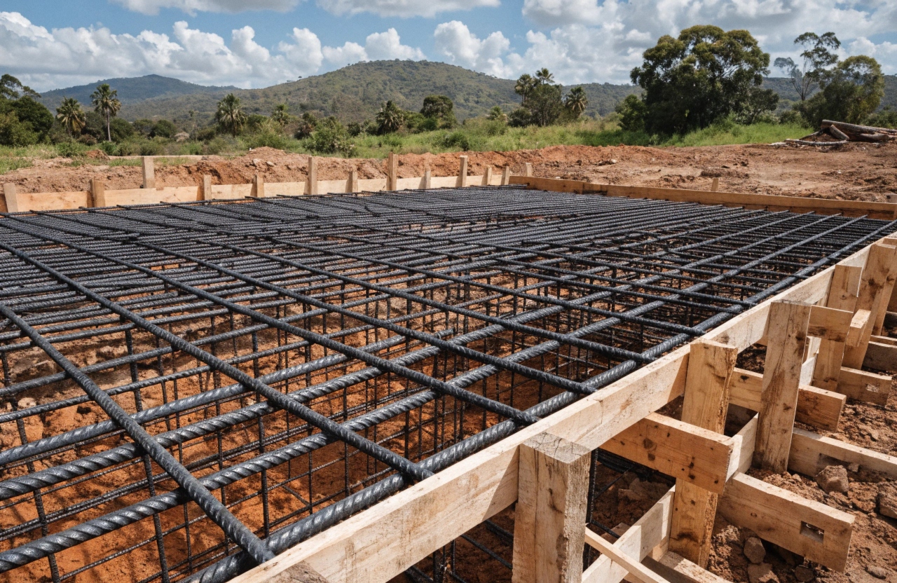 Reinforcement steel laid in grid pattern ready for concrete foundation pour in Toowoomba